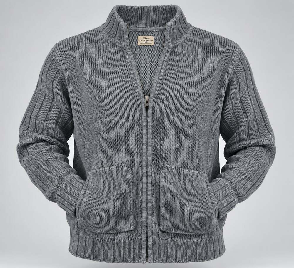 Tommy Bahama Men’s Gray Full Zip Ribbed Knit Sweater Jacket Cardigan mock neck